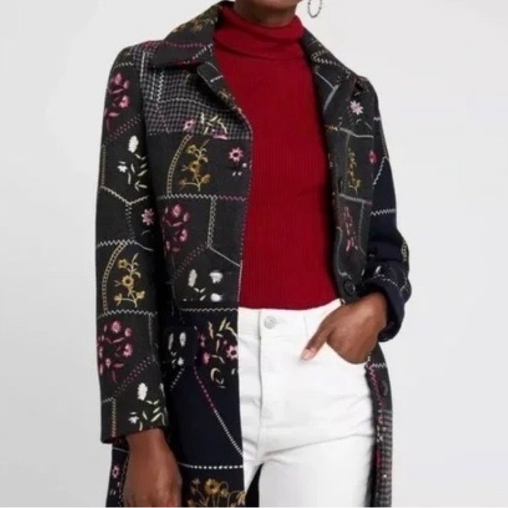 DESIGUAL Abrig Penny Black Floral Patchwork Wool Coat - Picture 7 of 12